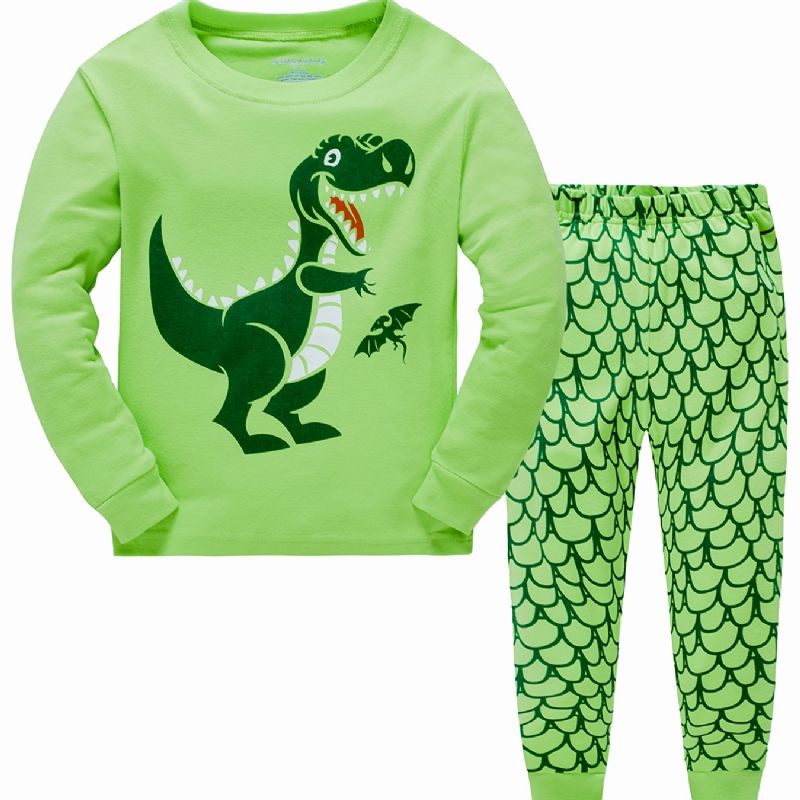 2ks Chlapci Cartoon Dinosaur Print Pyžamo Set Roztomilý Casual Thermal Crew Neck Dlouhý Rukáv Topy A Kalhoty Na Zimu