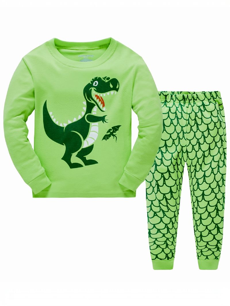 2ks Chlapci Cartoon Dinosaur Print Pyžamo Set Roztomilý Casual Thermal Crew Neck Dlouhý Rukáv Topy A Kalhoty Na Zimu