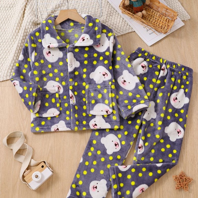 2ks Nový Podzim Zima Chlapci & Dívky Zahuštěný Flanel Cardigan Dot Bear Print Pyžama Set