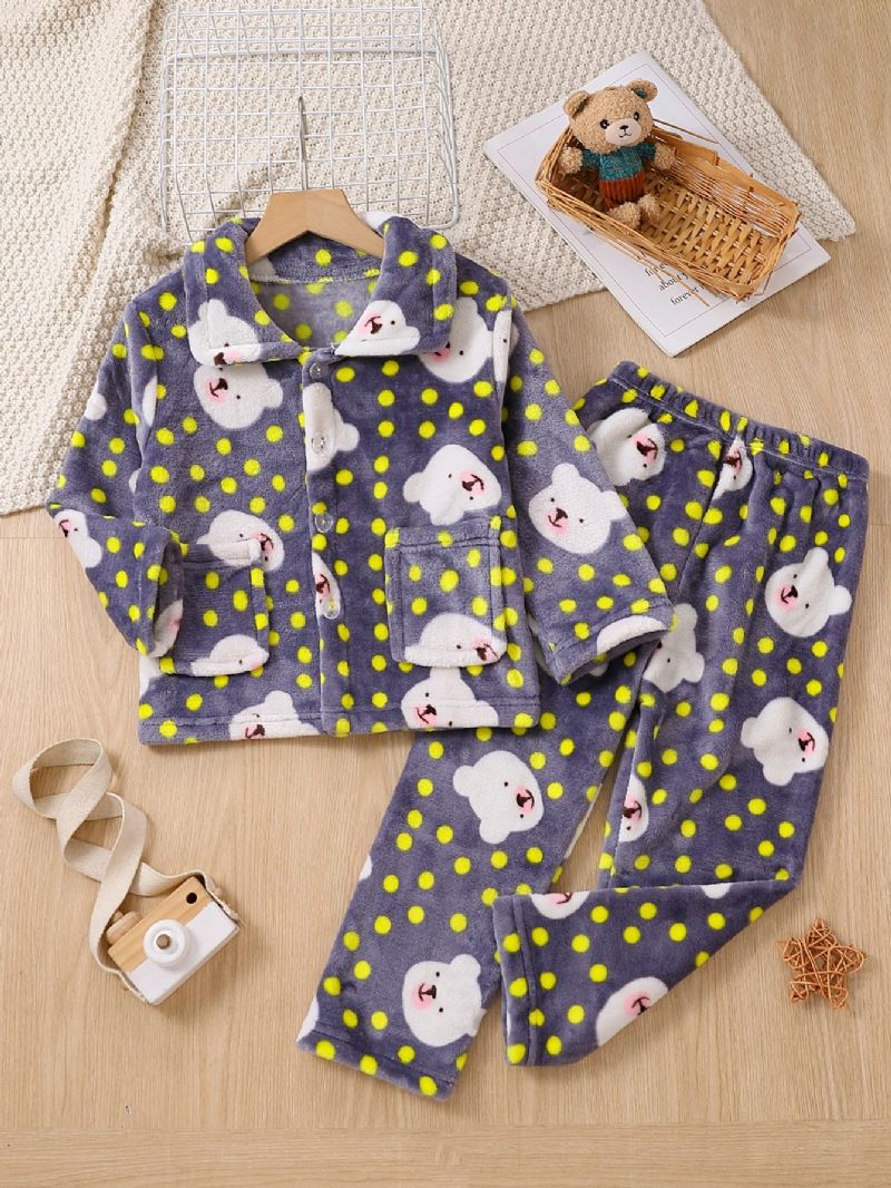 2ks Nový Podzim Zima Chlapci & Dívky Zahuštěný Flanel Cardigan Dot Bear Print Pyžama Set