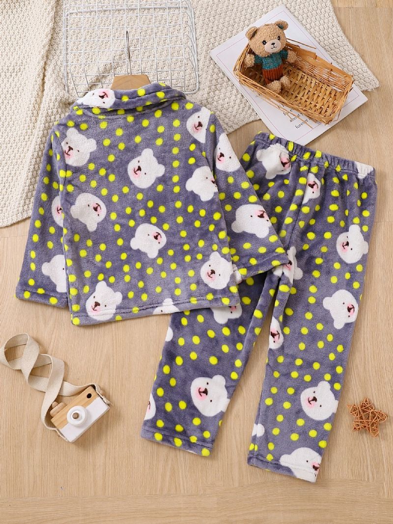 2ks Nový Podzim Zima Chlapci & Dívky Zahuštěný Flanel Cardigan Dot Bear Print Pyžama Set