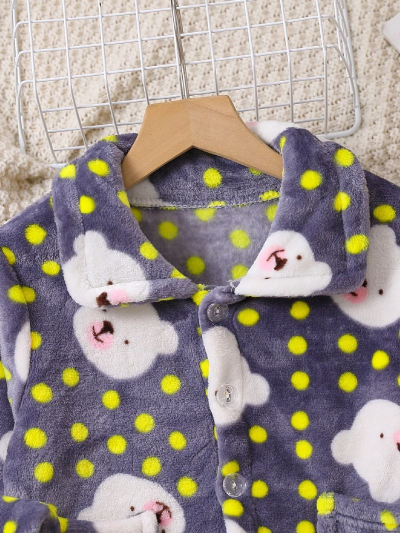 2ks Nový Podzim Zima Chlapci & Dívky Zahuštěný Flanel Cardigan Dot Bear Print Pyžama Set