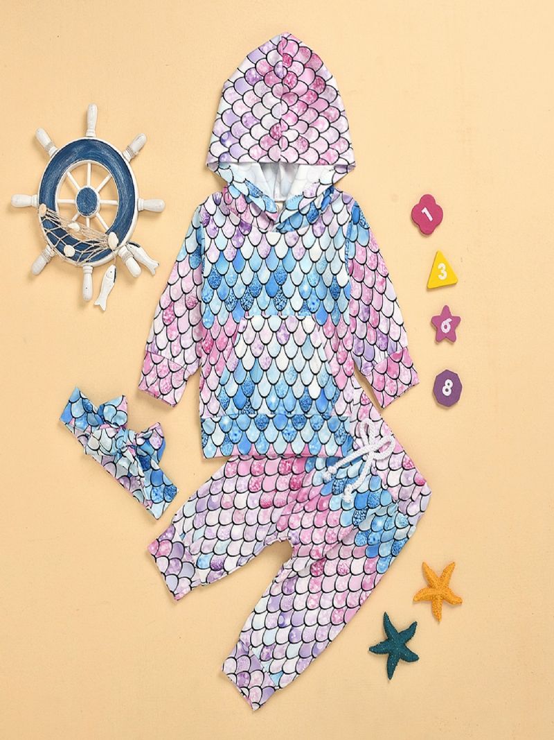 3ks Dívčí Pyžamový Set S Rybími Šupinami Potisk Mikina S Kapucí Kalhoty A Čelenka Na Zimu