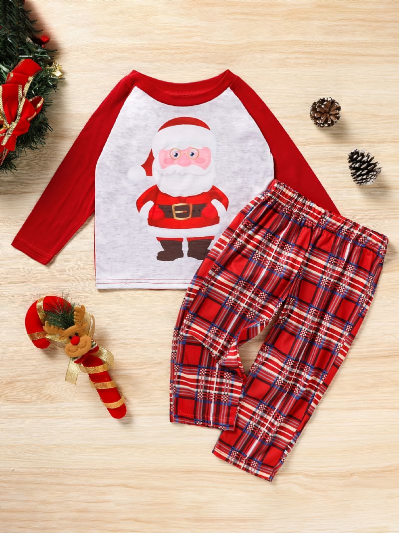 Batole Děťátko Vánoční Pyžamo Rodinný Outfit Santa Claus Potisk Kulatý Výstřih Top & Kostkované Kalhoty Set Pro Chlapce Dívky Dětské Oblečení