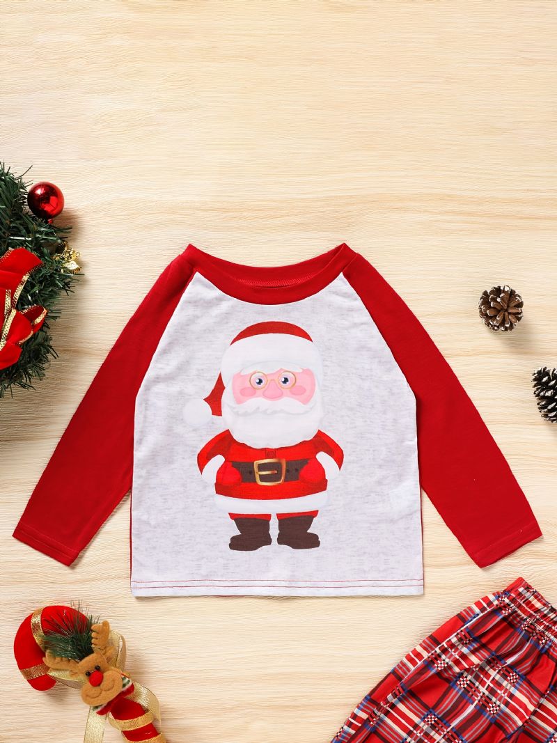 Batole Děťátko Vánoční Pyžamo Rodinný Outfit Santa Claus Potisk Kulatý Výstřih Top & Kostkované Kalhoty Set Pro Chlapce Dívky Dětské Oblečení