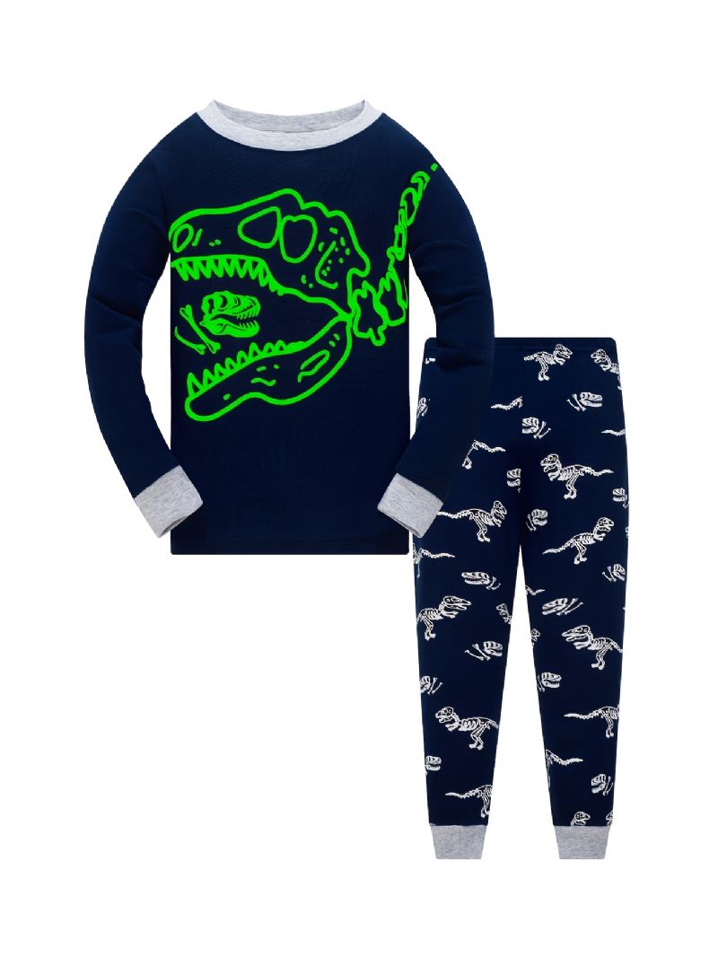 Chlapecké Pyžamo Roztomilý Potisk Dinosaura Sada Top A Kalhot S Kulatým Výstřihem A Dlouhým Rukávem Svítící Ve Tmě