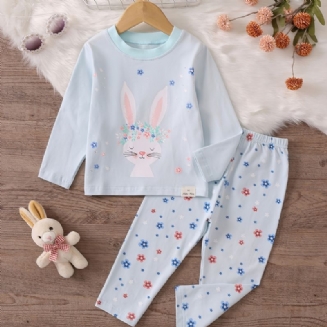 Dívčí Pyžamo Family Outfit Roztomilý Králičí Potisk Top S Kulatým Výstřihem A Dlouhým Rukávem Sada Kalhot S Květinovým Potiskem Dětské Oblečení