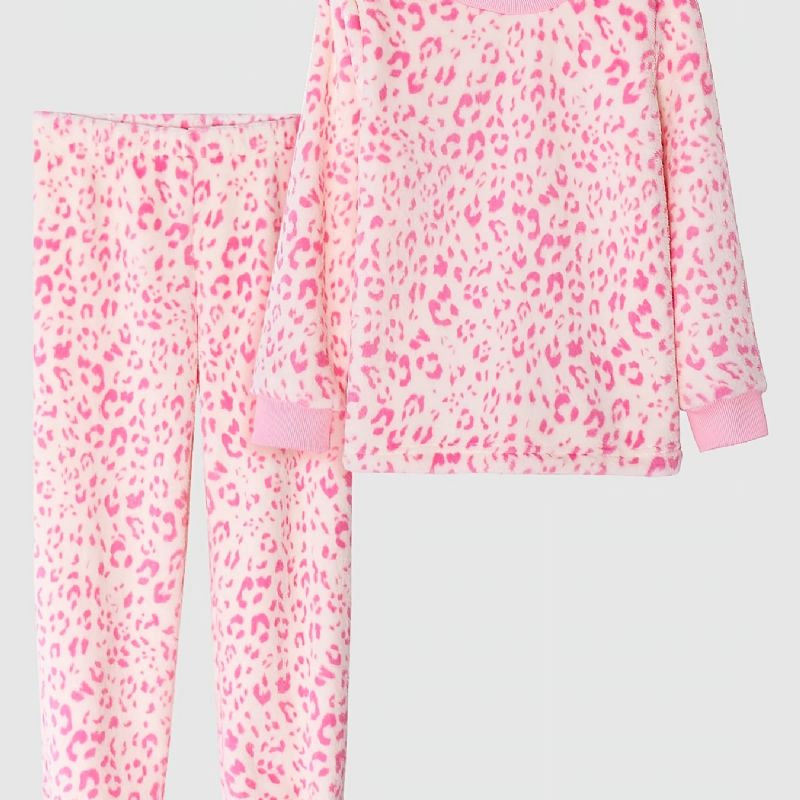 Dívčí Pyžamo Family Outfit Růžový Leopardí Kulatý Výstřih S Dlouhým Rukávem A Kalhotami Set Dětské Oblečení