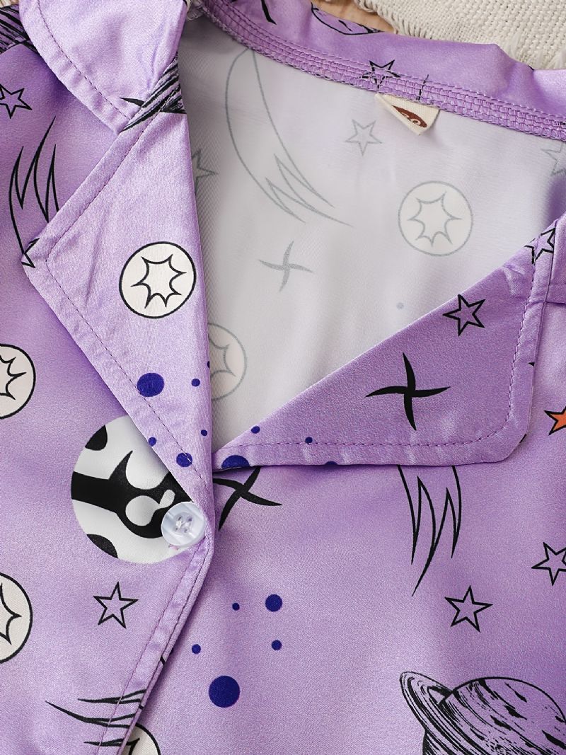 Dívčí Saténový Potisk Hvězdy Sada Pyžama Košile S Dlouhým Rukávem + Souprava Slušivých Kalhot Lounge Wear Domácí Oblečení Dětské