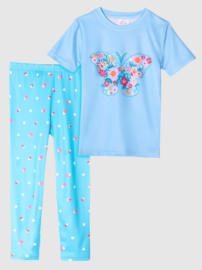 Dětské Dívčí Pyžamo Modrý Potisk Motýla Kulatý Výstřih Top & Kalhoty S Krátkým Rukávem Sada Dětského Oblečení