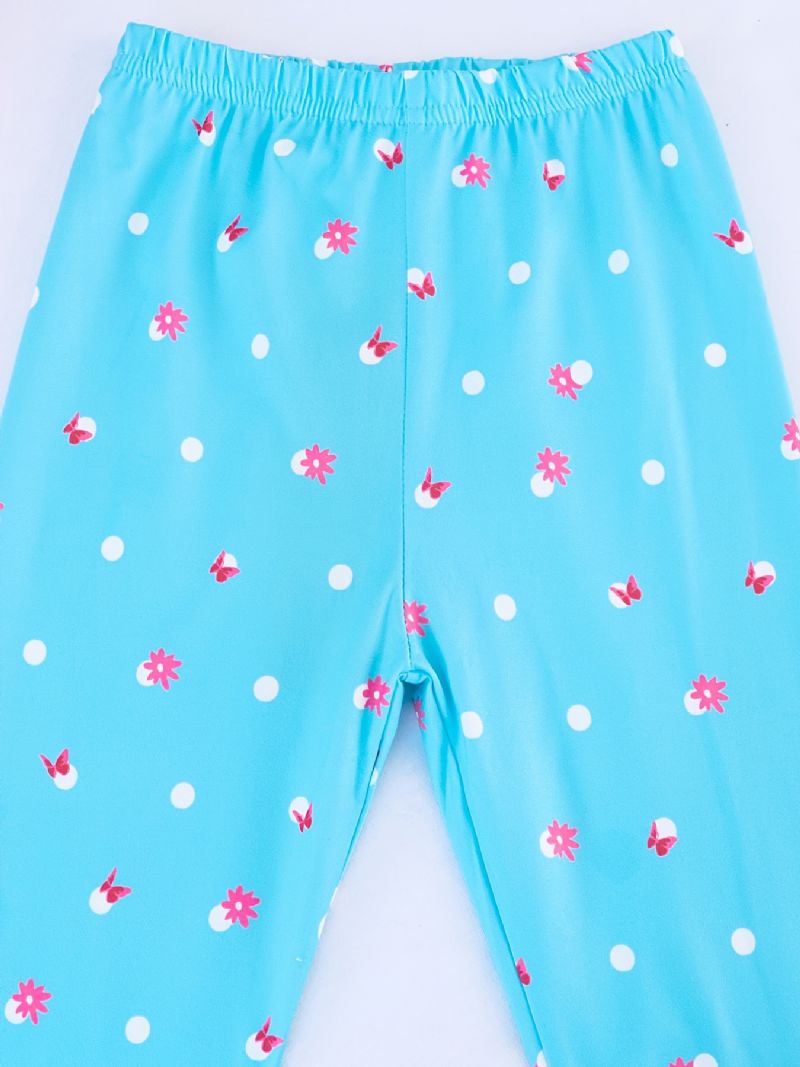 Dětské Dívčí Pyžamo Modrý Potisk Motýla Kulatý Výstřih Top & Kalhoty S Krátkým Rukávem Sada Dětského Oblečení