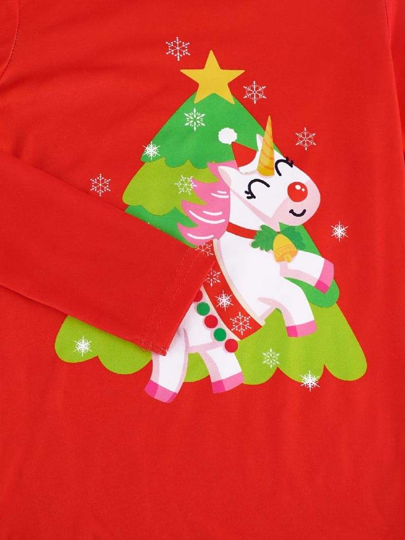 Dětské Dívčí Pyžamo Vánoční Stromeček Potisk Jednorožec Tričko S Kulatým Výstřihem A Dlouhým Rukávem Sada Kalhot S Proužkem