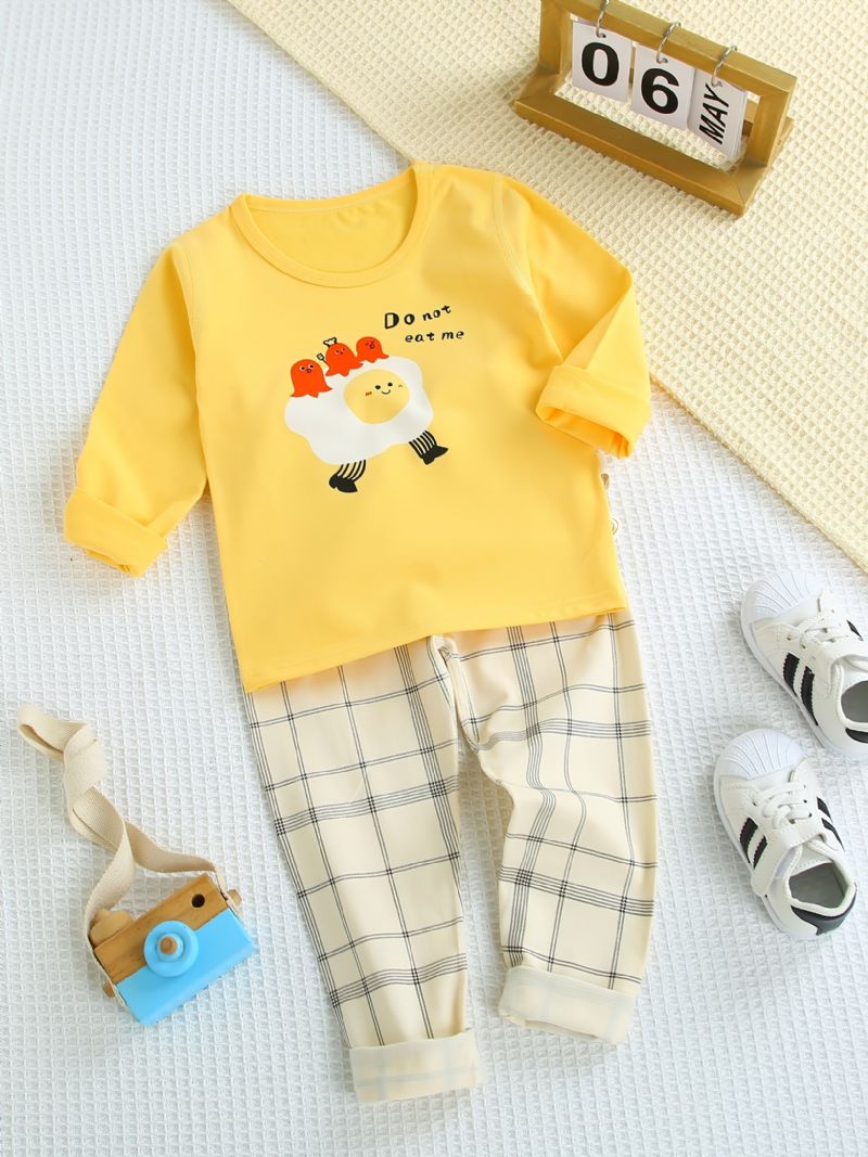Dětské Pyžamo Rodinné Oblečení Kreslený Potisk Vajíček S Kulatým Výstřihem Top & Kostkované Kalhoty Set Pro Chlapce Dívky