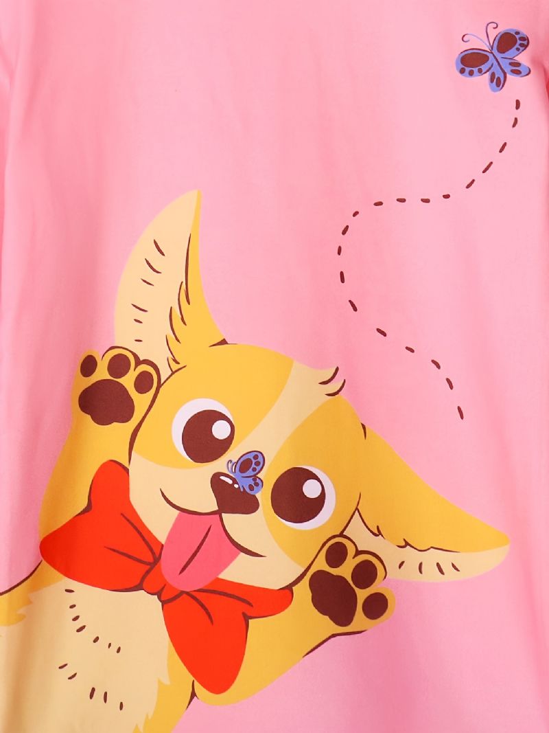 Dětské Pyžamo Roztomilý Pes Butterfly Potisk S Kulatým Výstřihem Dlouhý Rukáv Top & Kalhoty Set Pro Dívky