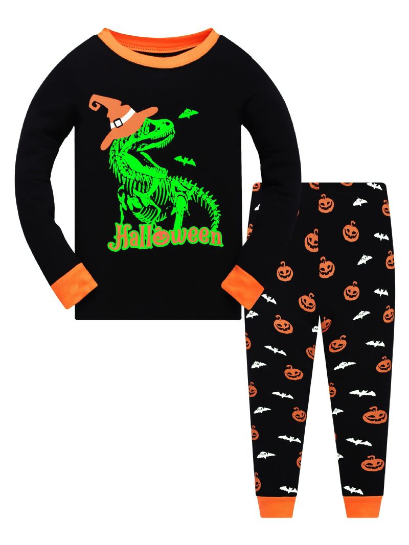 Popshion 2ks Chlapci Halloween Fluorescent Cartoon Dinosaurus Zářící Kostěná Kost Pyžamo Bavlněný Oblek S Dlouhým Rukávem