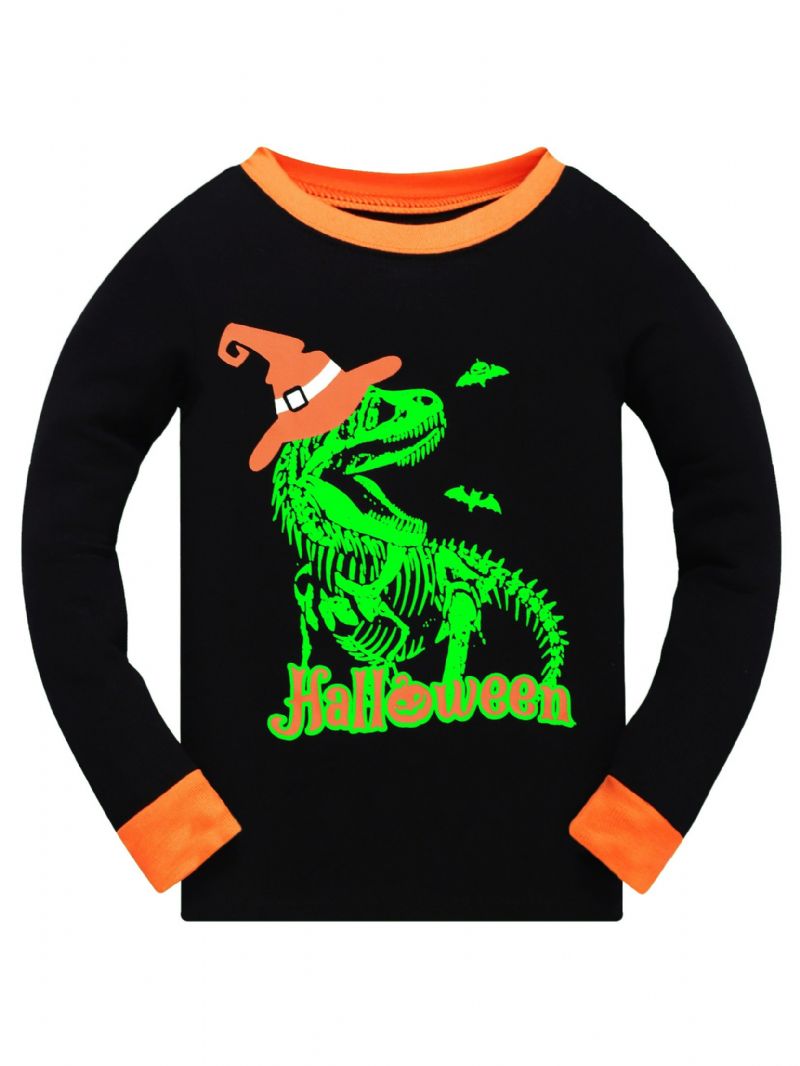 Popshion 2ks Chlapci Halloween Fluorescent Cartoon Dinosaurus Zářící Kostěná Kost Pyžamo Bavlněný Oblek S Dlouhým Rukávem