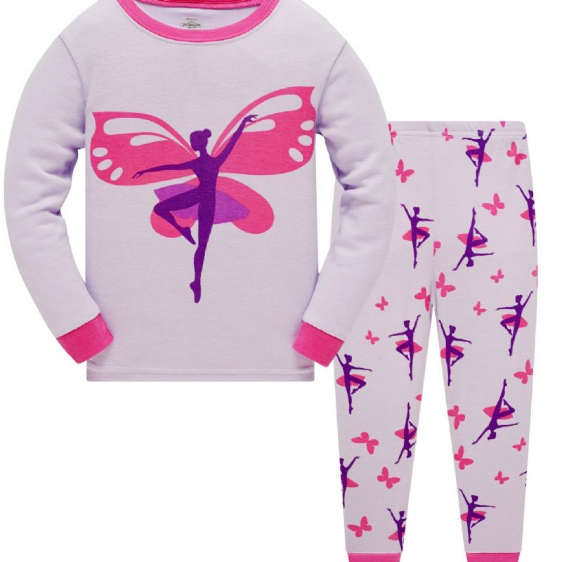 Popshion 2ks Dívky Butterfly Dancer Cartoon Contrast Trim Top & Pyžama Kalhoty Set