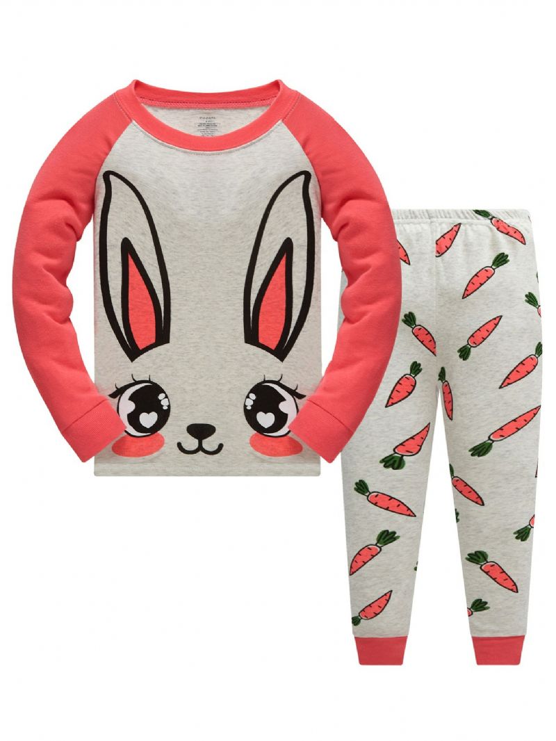 Popshion 2ks Dívky Rabbit Cartoon Color Block Top & Radish Pattern Pyžama Kalhoty Set