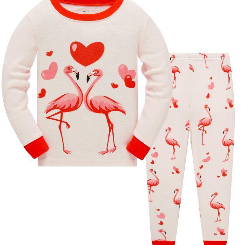 Popshion 2ks Dívčí Roztomilý Plameňák Kreslený Zvířecí Top A Kontrastní Trim Pyžamové Kalhoty Set