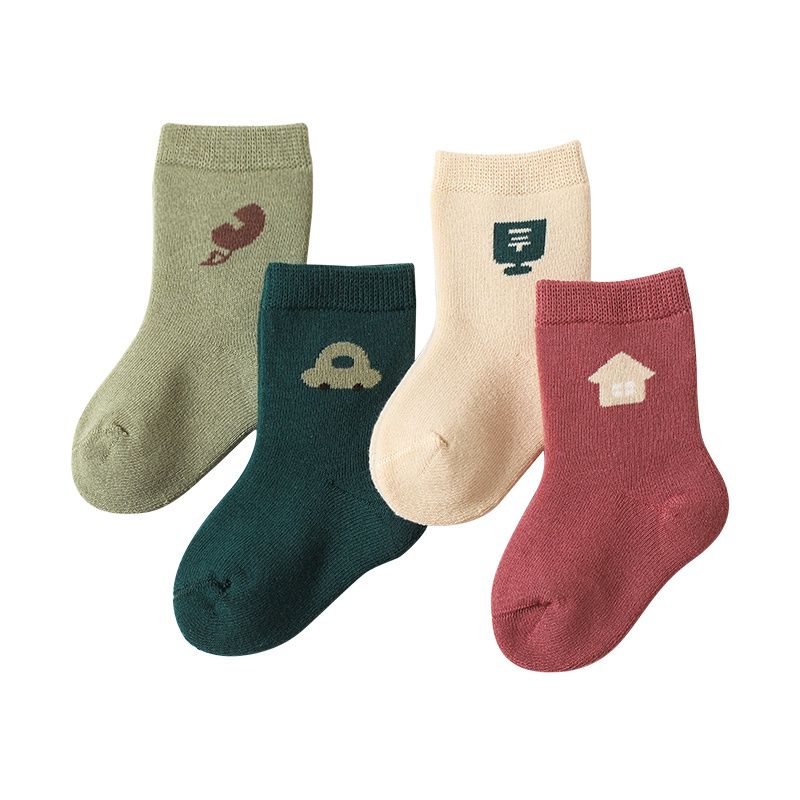 4 Páry Froté Zesílené Dětské Ponožky S Potiskem Bavlny Se Střední Trubkou
