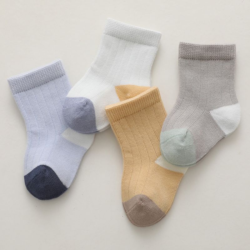 4 Páry Kojeneckých Ponožek Unisex Barevné Prošívání Novorozenecké Dětské Podlahové Ponožky