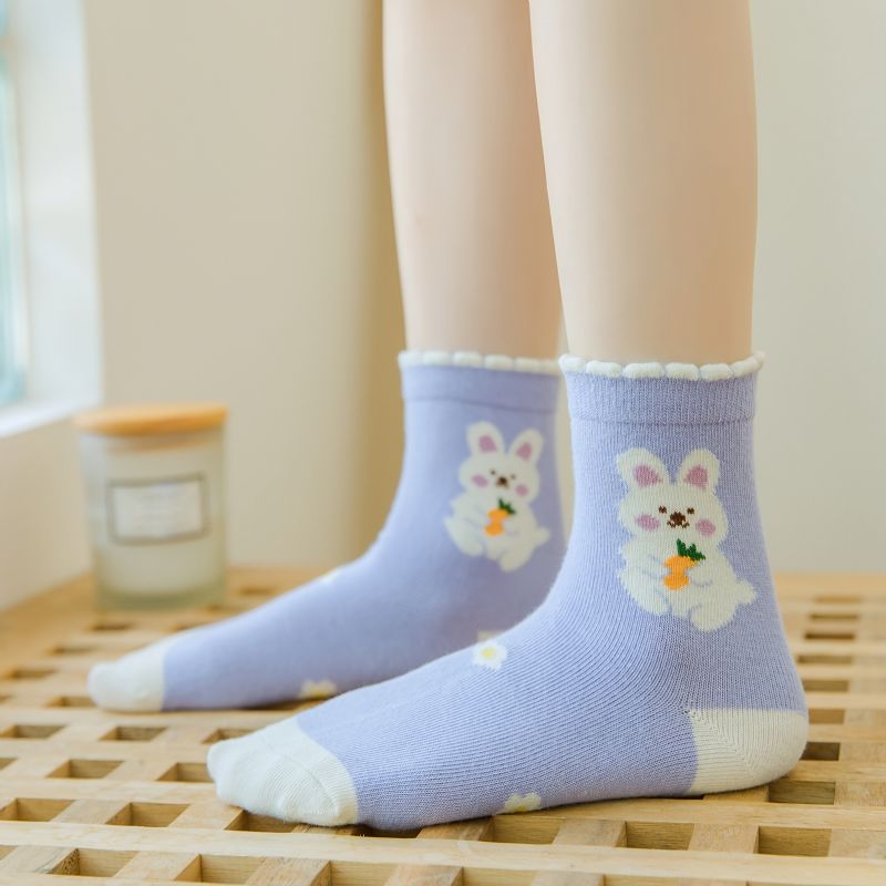 5 Párů Cartoon Bunny Dívky Socks Pruhované Bavlněné Dětské Ponožky Crew