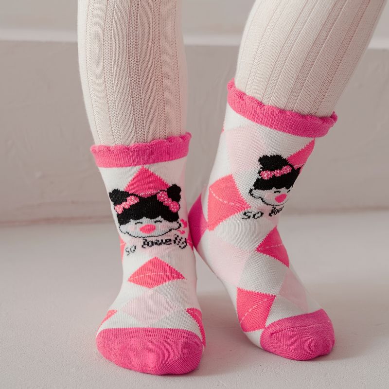 5 Párů Dívčí Ponožky Cartoon Argyle Pink Cotton Crew Socks Dětské