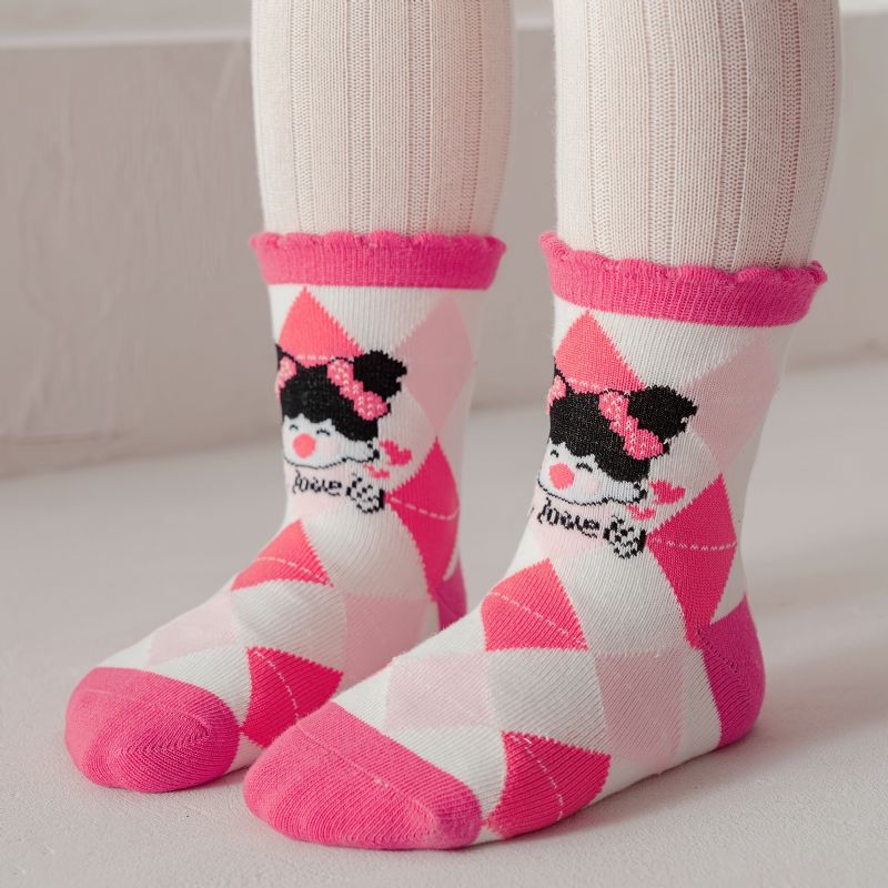 5 Párů Dívčí Ponožky Cartoon Argyle Pink Cotton Crew Socks Dětské