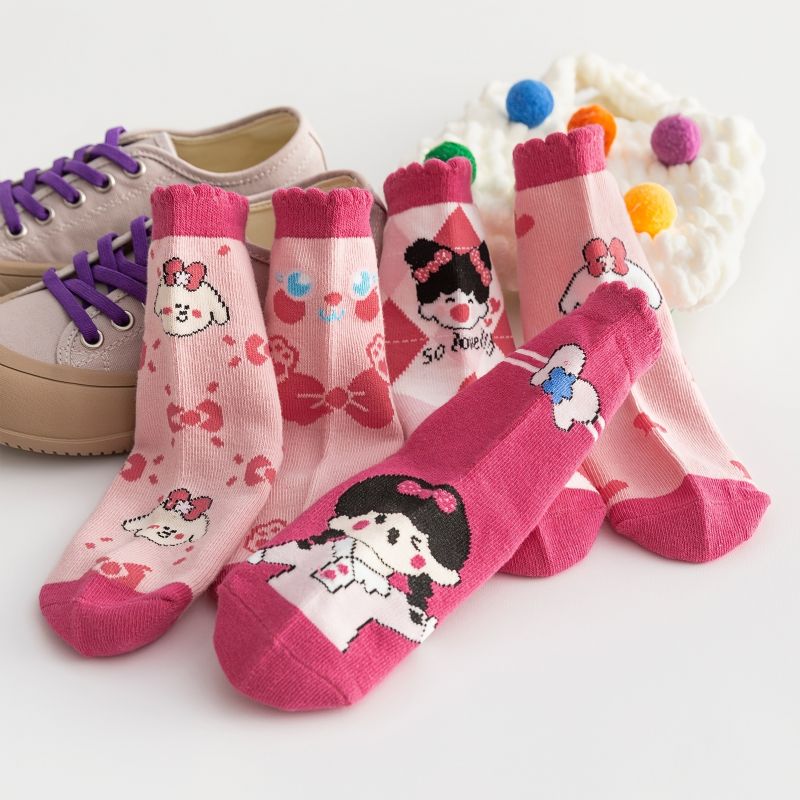 5 Párů Dívčí Ponožky Cartoon Argyle Pink Cotton Crew Socks Dětské