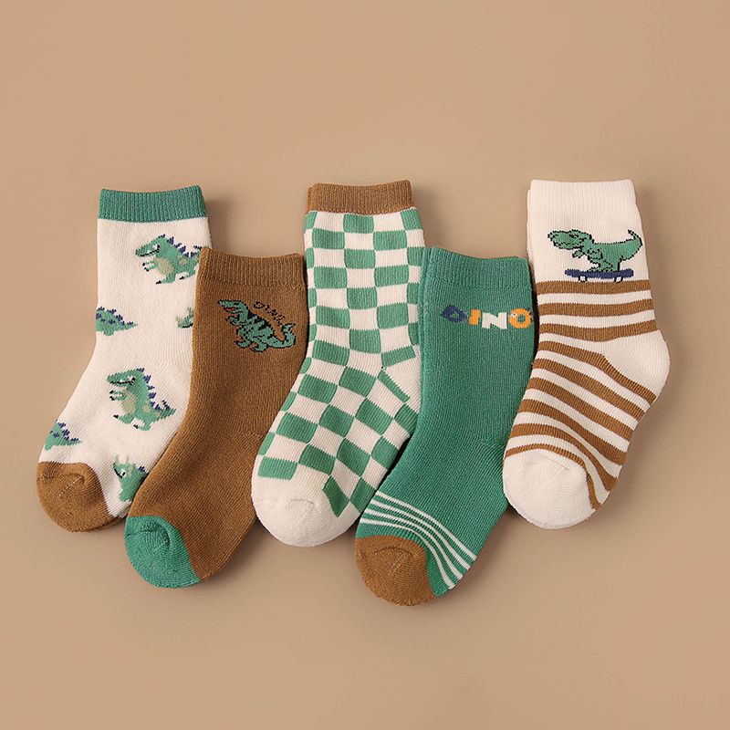 5 Párů Dětské Dinosauři Potisk Bavlněné Podlahové Ponožky Měkké Teplé Chlapci Dívčí