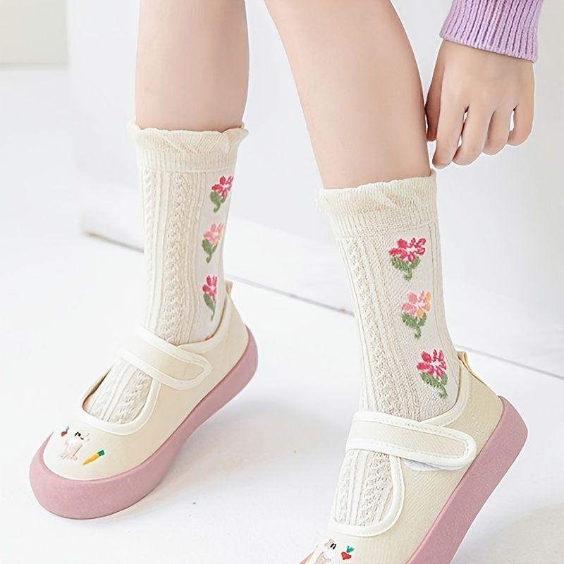5 Párů Dětské Dívčí Ponožky Květinový Vzor Bavlna Prodyšné