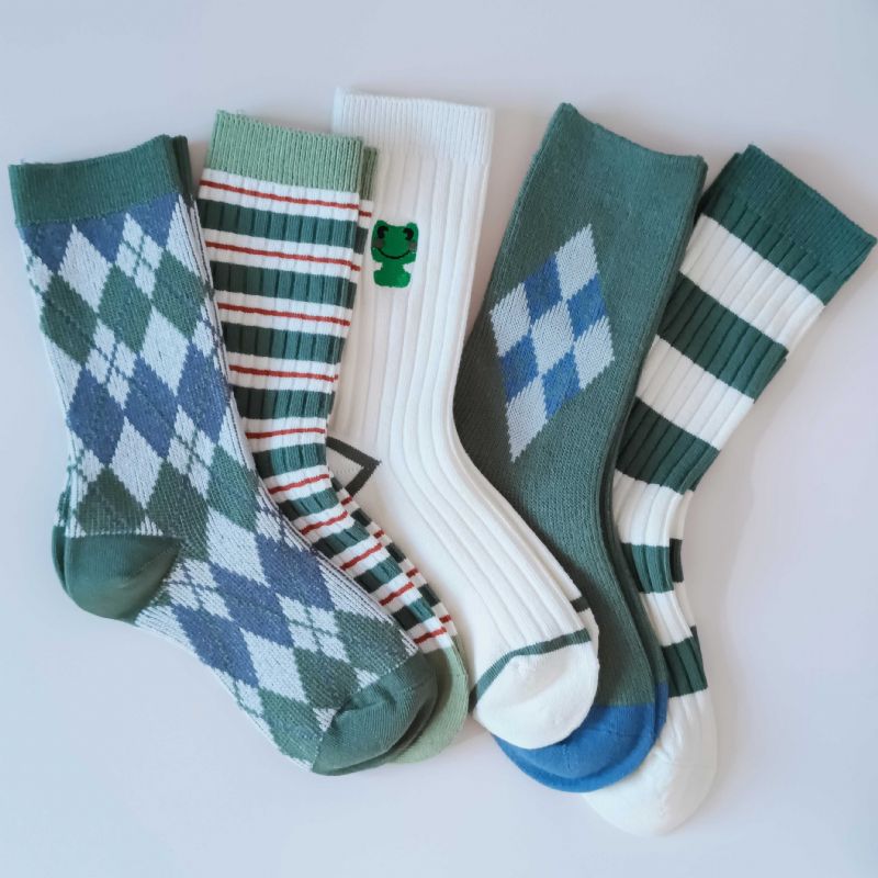 5 Párů Dětské Ponožky Kostkované Pruhované Bavlněné Teplé Zimní Pro Kluky Dívky Vzor Žába