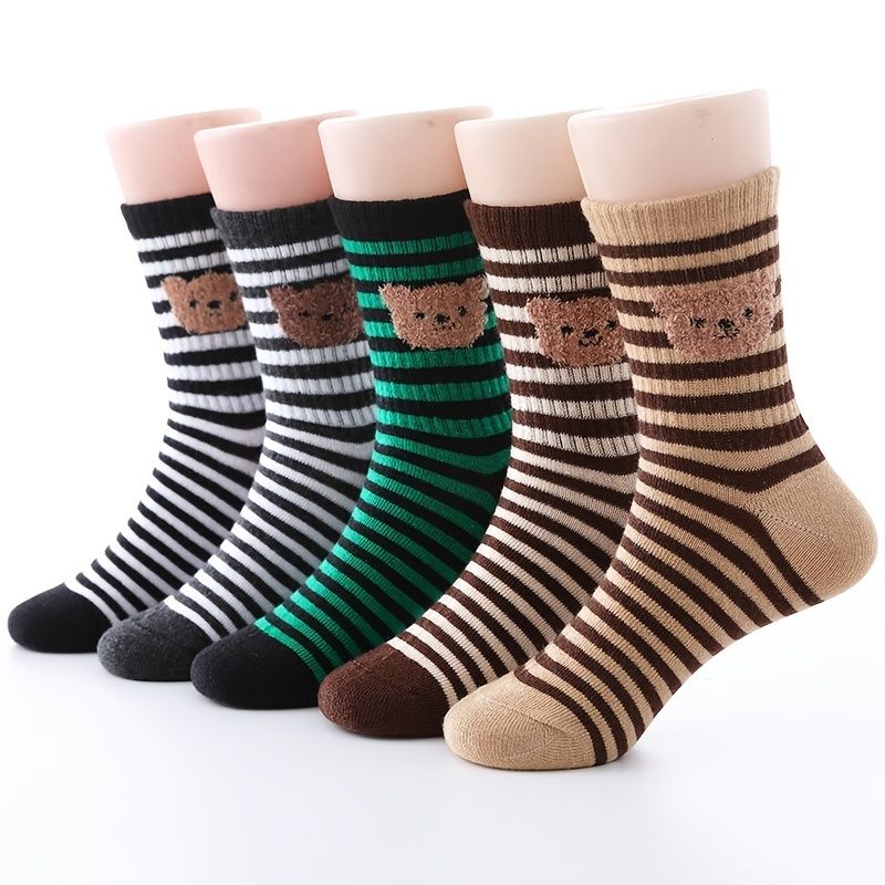 5 Párů Dětské Ponožky Vzor Plyšového Medvídka Pruhované Bavlněné Teplé Zimní Pro Kluky Dívky