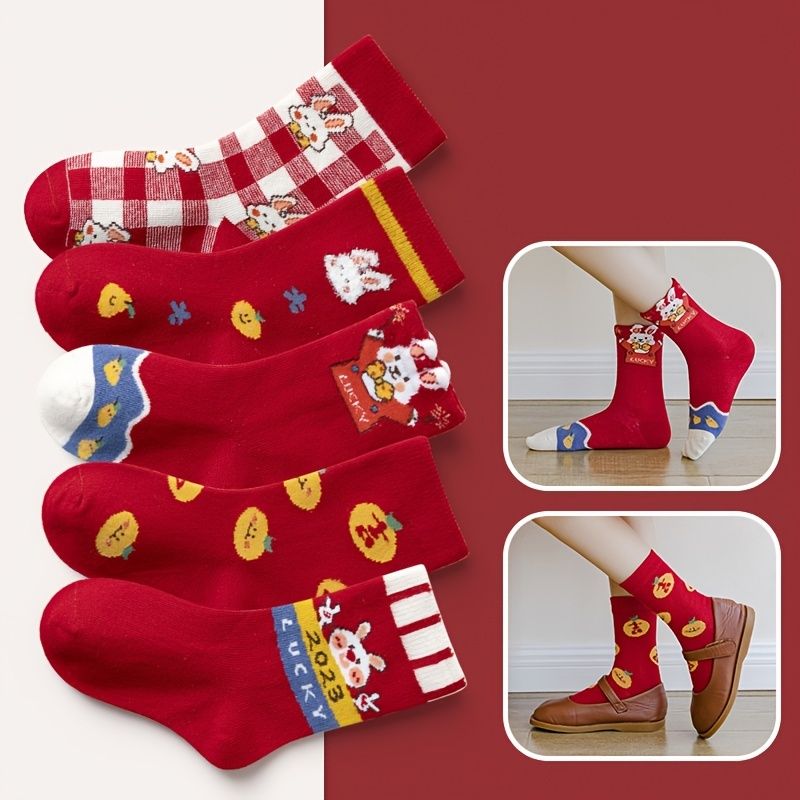 5 Párů Dětské Červené Ponožky Vzor Králík Bavlněné Crew Teplé Zimní Dívčí Na Čínský Jarní Festival Nový Rok