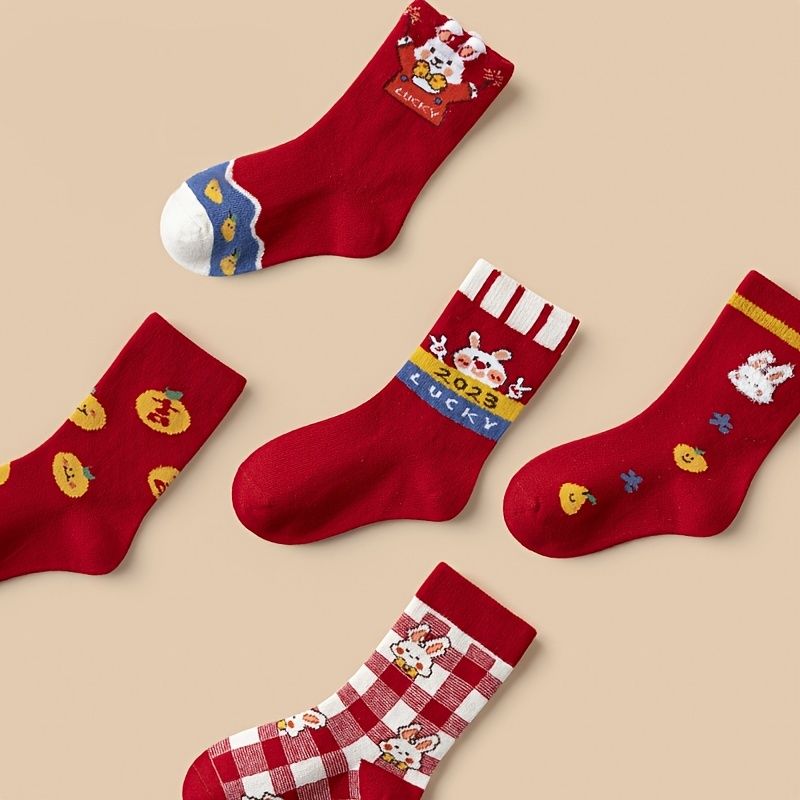 5 Párů Dětské Červené Ponožky Vzor Králík Bavlněné Crew Teplé Zimní Dívčí Na Čínský Jarní Festival Nový Rok