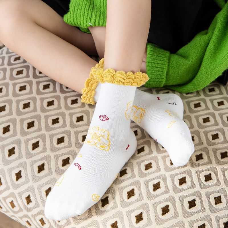 5 Párů Dětských Dívčích Ponožek Cartoon Bear Striped Lace Cotton Crew Socks