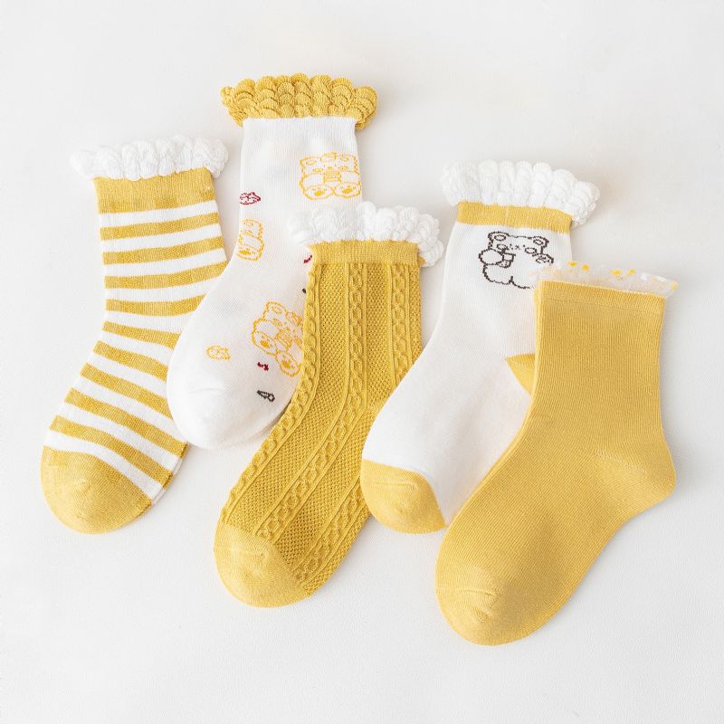 5 Párů Dětských Dívčích Ponožek Cartoon Bear Striped Lace Cotton Crew Socks