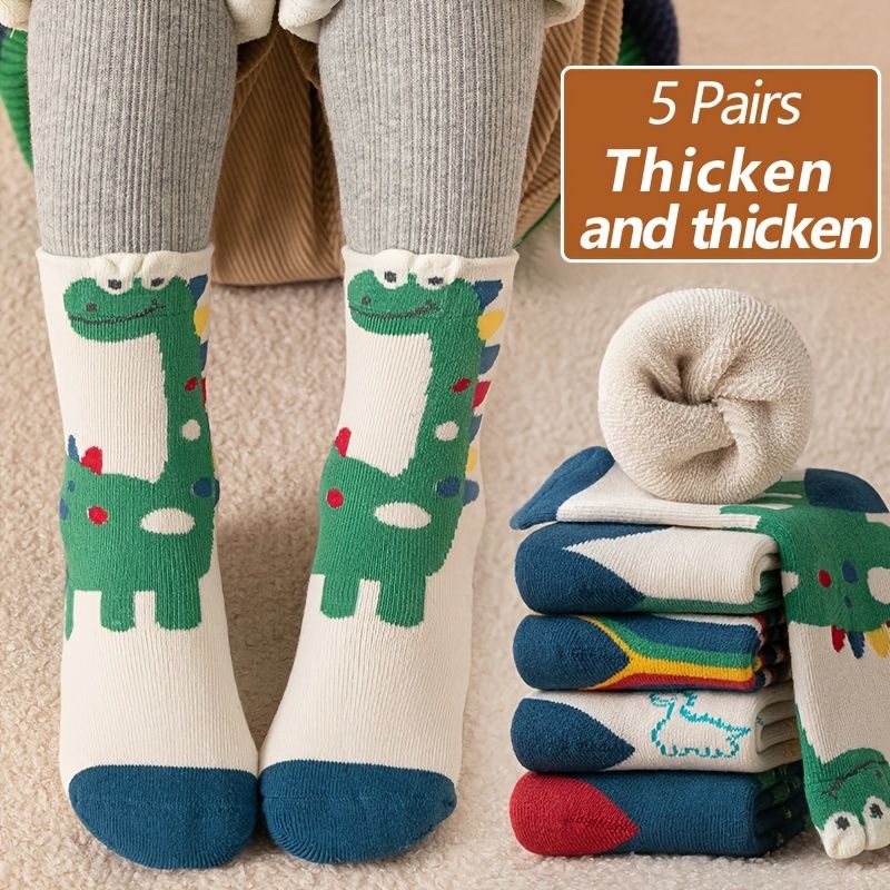 5 Párů Dětských Kreslených Dinosauřích Ponožek Plyšové Zahuštěné Teplé Zimní Posádkové Ponožky Pro Chlapce Dívky
