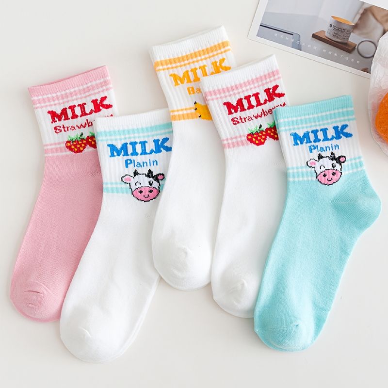 5 Párů Dětských Ponožek S Kresleným Vzorem Krávy Bavlněné Ponožky Pro Dívky