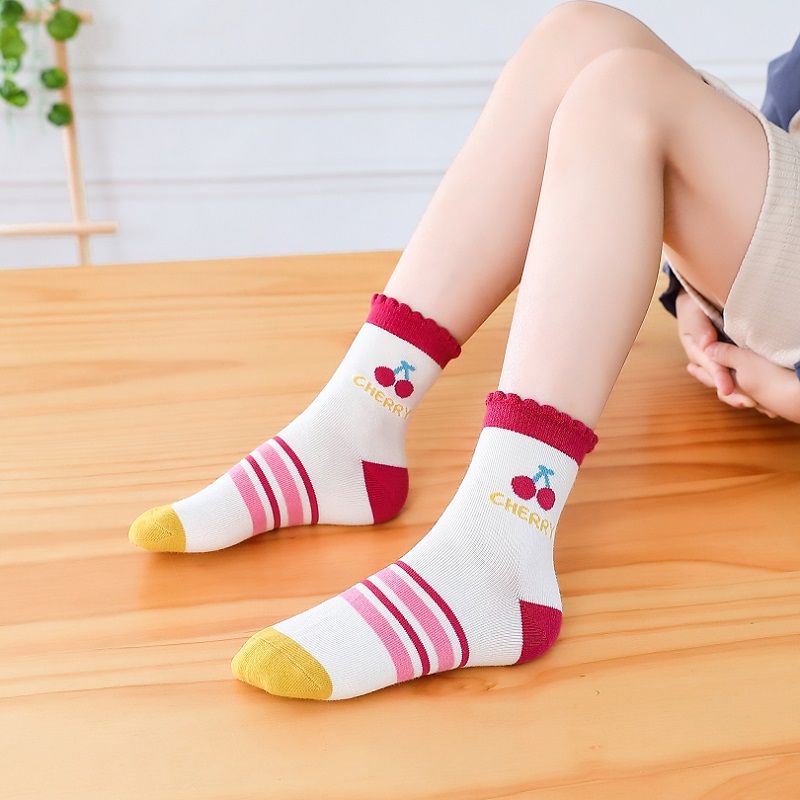 5 Párů Holčičky S Ovocem Pruhovaný Vzor Srdce Volánky Pro Posádku Teplé Zimní Dětské Ponožky