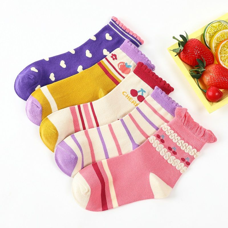 5 Párů Holčičky S Ovocem Pruhovaný Vzor Srdce Volánky Pro Posádku Teplé Zimní Dětské Ponožky