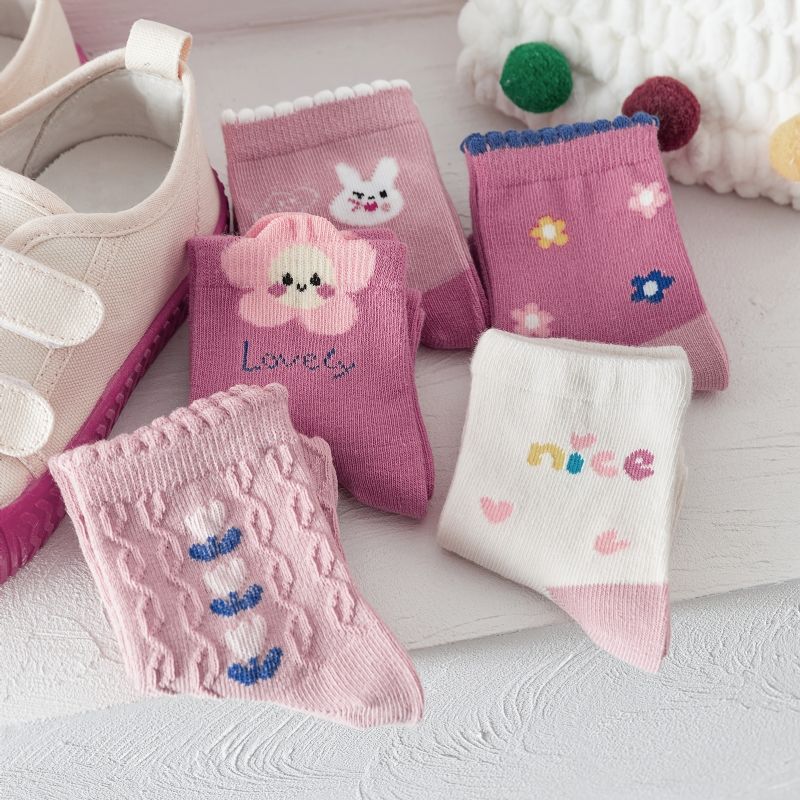 5 Párů Kojeneckých Ponožek Flowers Cartoon Bunny Graphic Cotton Crew Ponožky Pro Dívky