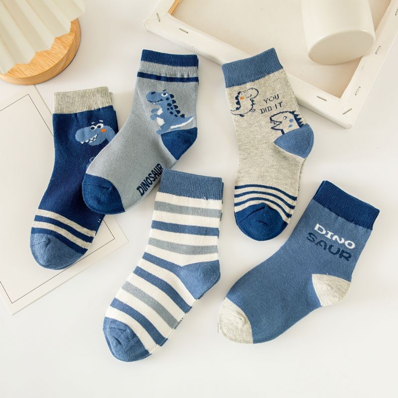 5 Párů Pruhované Kreslené Chlapecké Ponožky Dinosaur Cotton Děti Crew Socks