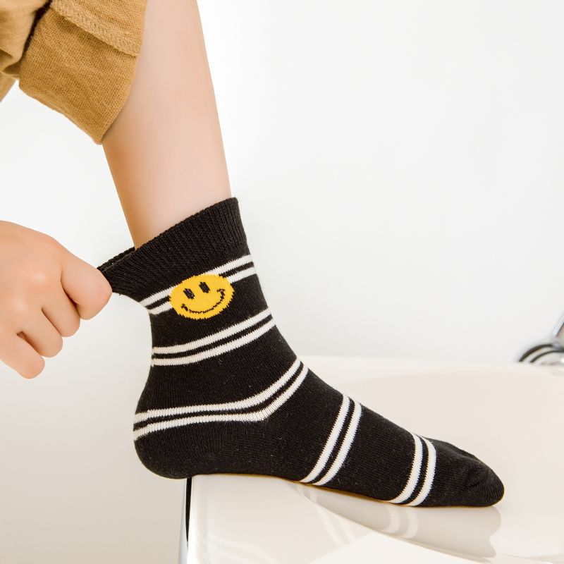 5 Párů Černo Bílé Dívčí Ponožky Smile Face Kostkované Proužkované Bavlněné Dětské Posádkové
