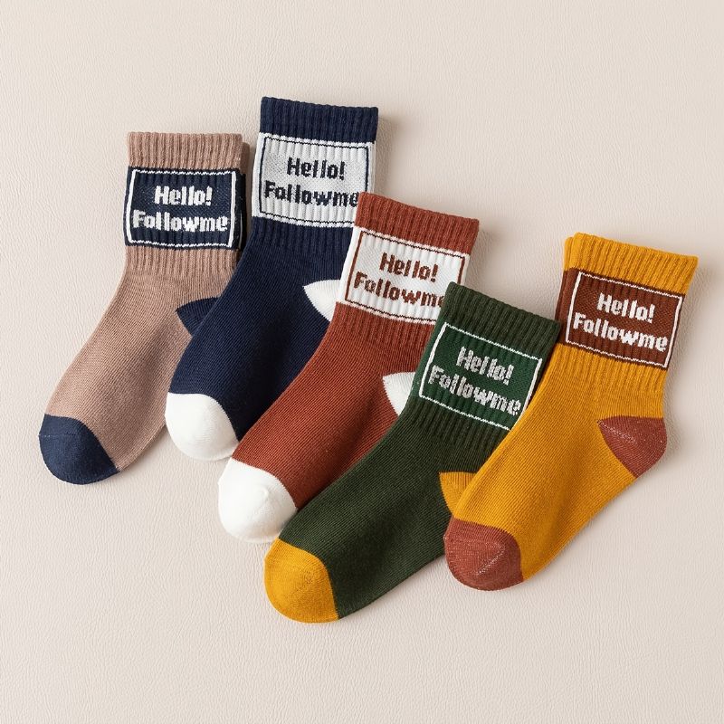 5pairs Crew Socks Letter Print Teplé Bavlněné Ponožky Pro Dívky A Chlapce