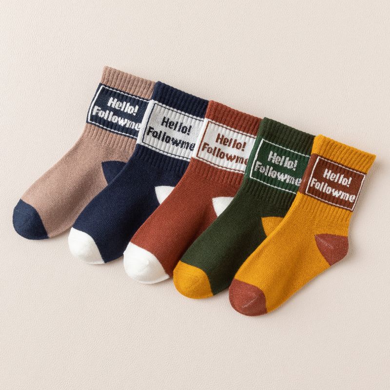 5pairs Crew Socks Letter Print Teplé Bavlněné Ponožky Pro Dívky A Chlapce