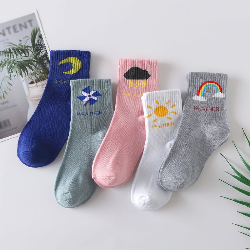 5pairs Dívky Weather Icons Pattern Cotton Crew Socks Dětské Ponožky