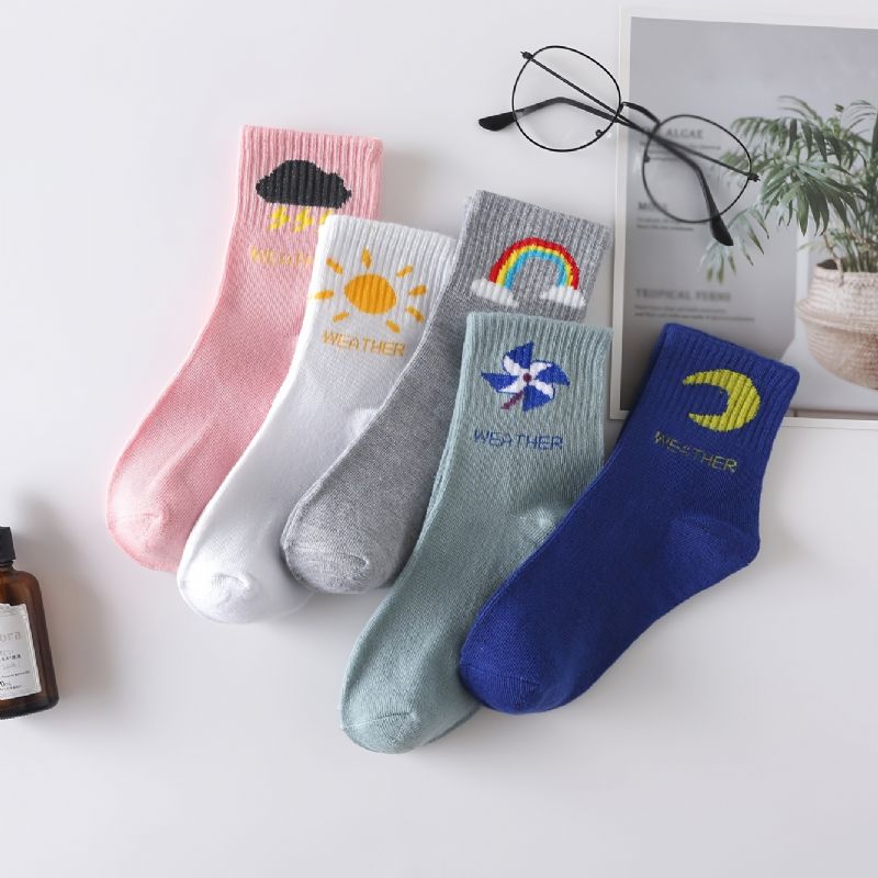 5pairs Dívky Weather Icons Pattern Cotton Crew Socks Dětské Ponožky