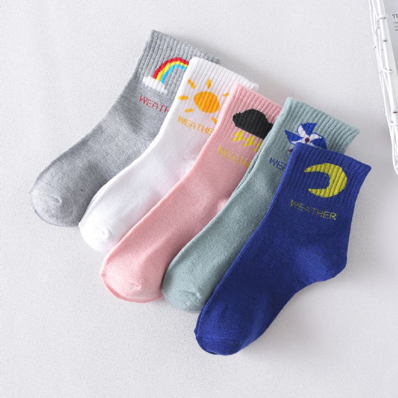 5pairs Dívky Weather Icons Pattern Cotton Crew Socks Dětské Ponožky