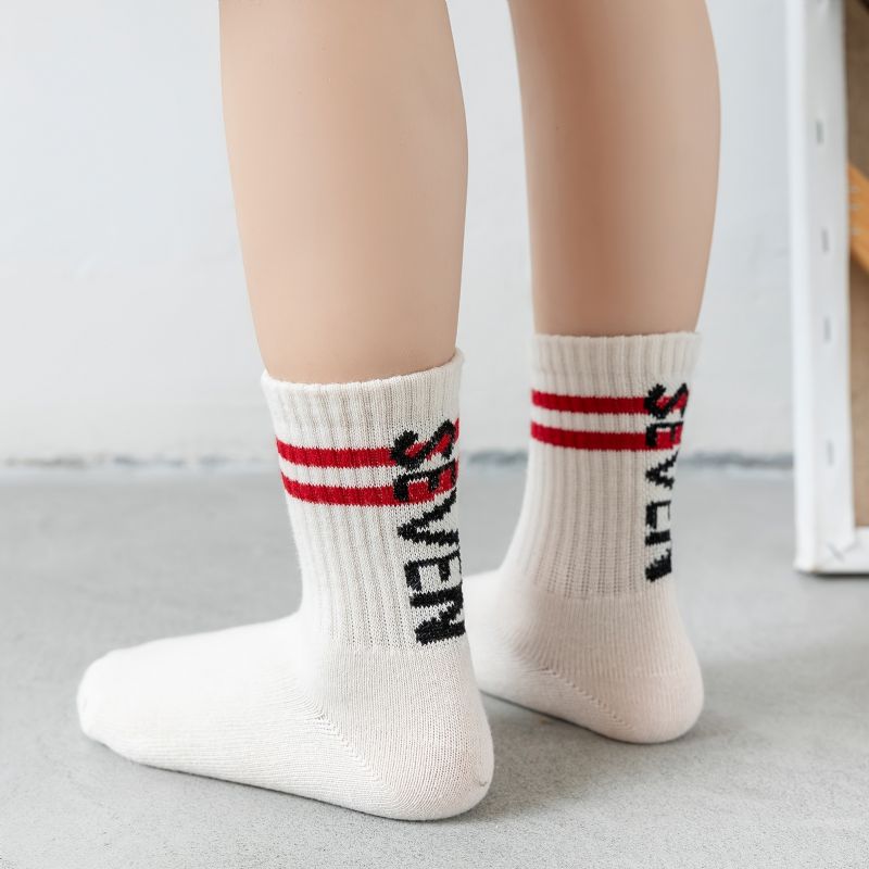 5párové Bavlněné Dětské Posádkové Ponožky Letter Seven Proužkované Pro Chlapce A Dívky